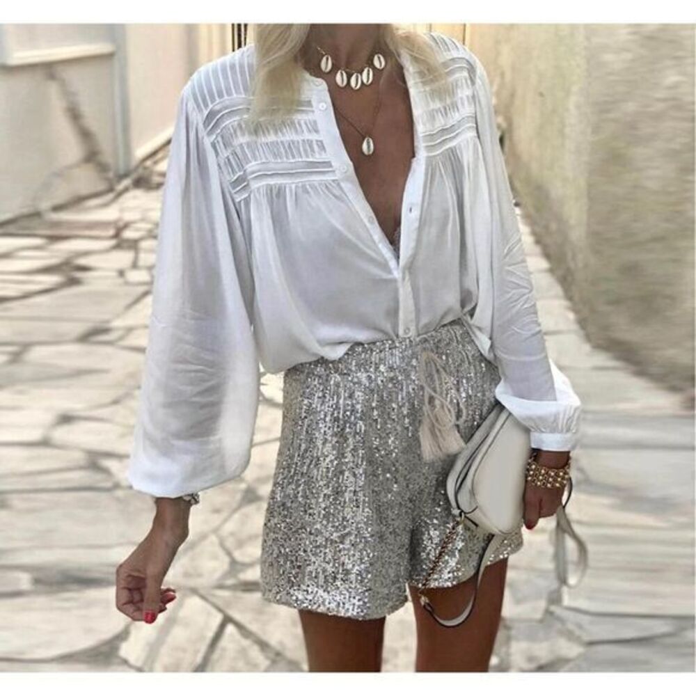 MLV Sequin Shorts Womens  Silver High Waisted Sparkle Dressy Metallic Sparkle XS